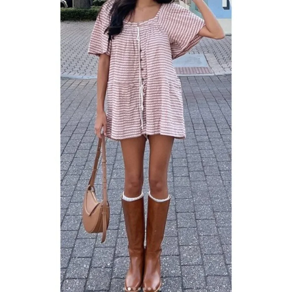 FREE PEOPLE County Line Plaid Romper in Pink Combo Size Medium NWT